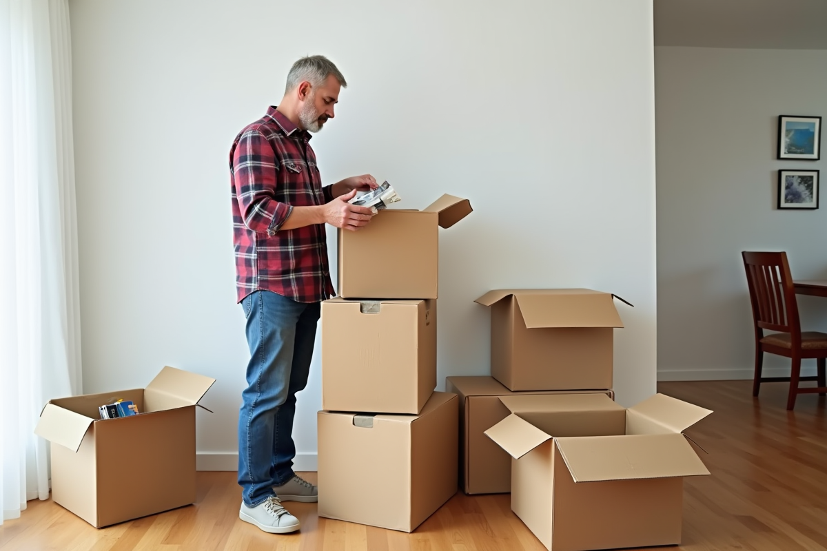 Homme en jeans et chemise à carreaux organise des cartons dans un salon moderne