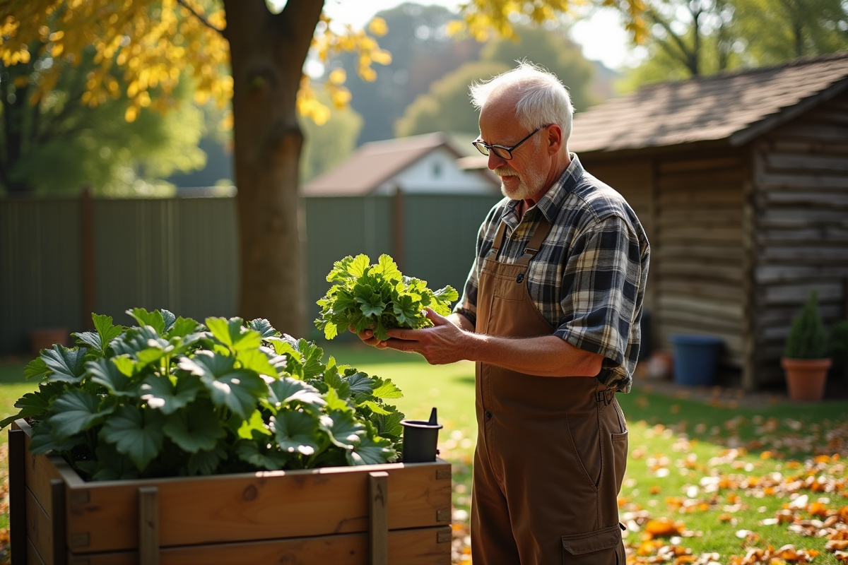 Homme âgé examinant des feuilles de pommes de terre dans son jardin