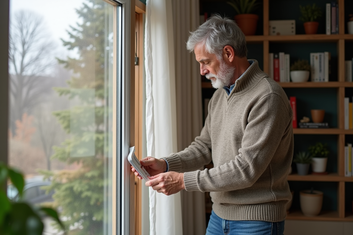 Homme appliquant du ruban isolant sur une fenêtre intérieure
