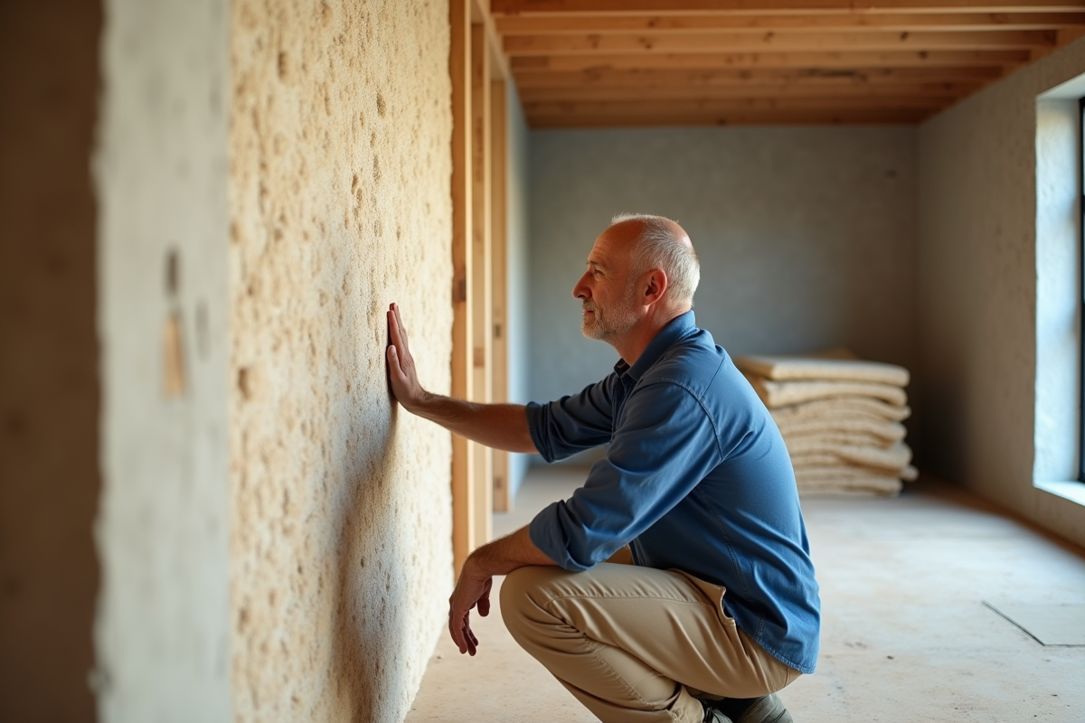 Homme en travail inspectant une isolation naturelle dans une maison