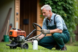 Homme en tenue de jardinage examine une bouteille d'huile