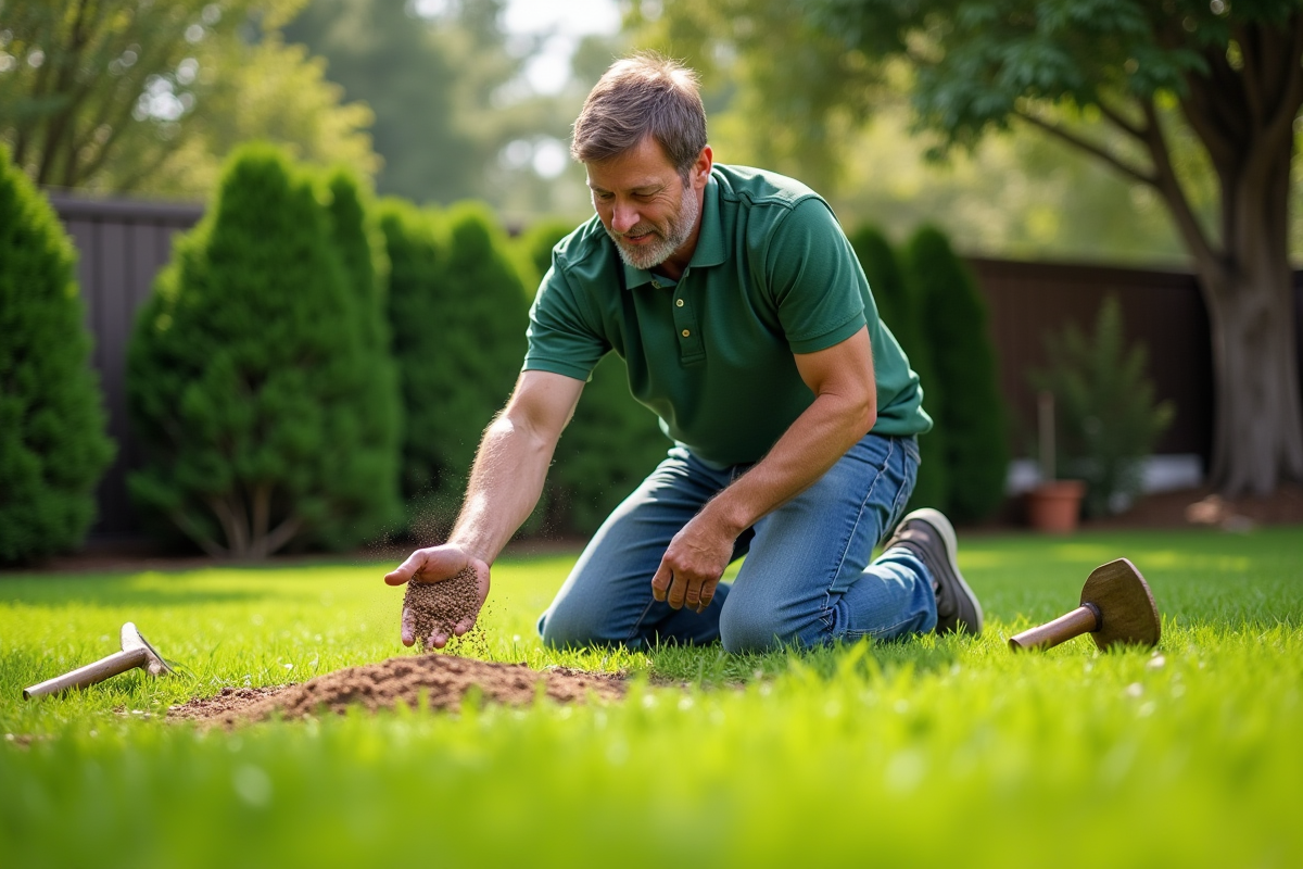 Homme d'âge moyen appliquant du fertilisant dans le jardin