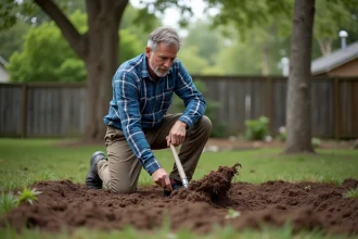 Homme d'âge moyen en pantalon de travail et chemise bleue en train de niveler le sol dans un jardin