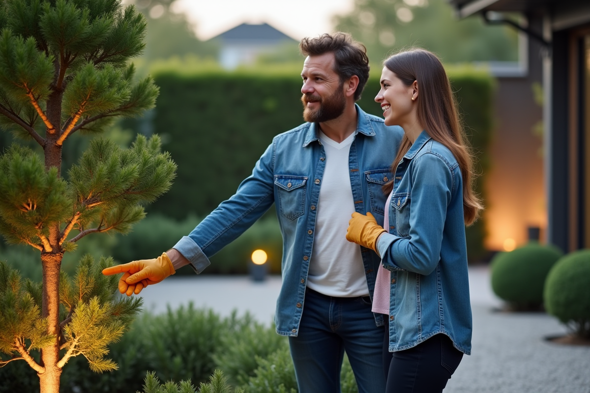 Homme montrant un éclairage sous un arbre à une femme