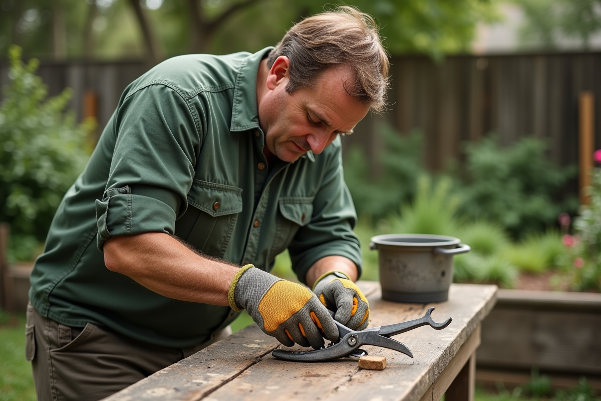 Homme appliquant de l'huile sur un sécateur en jardin