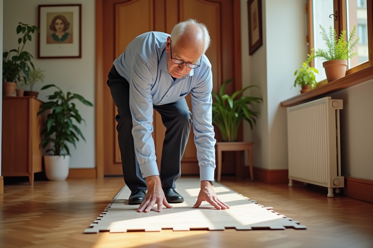 Homme posant des dalles de parquet dans un couloir cosy
