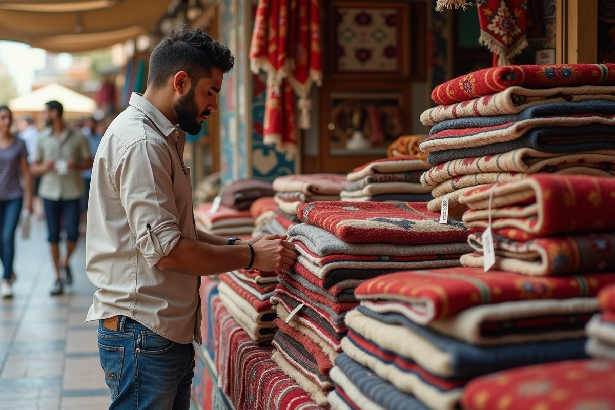 Jeune homme marocain examine tapis dans un marché animé