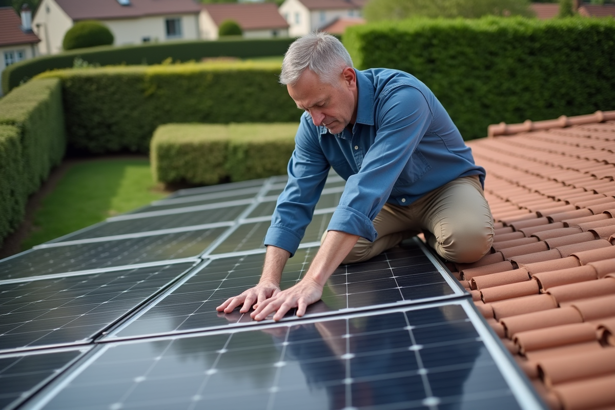 Homme en bleu mesurant des panneaux solaires sur le toit