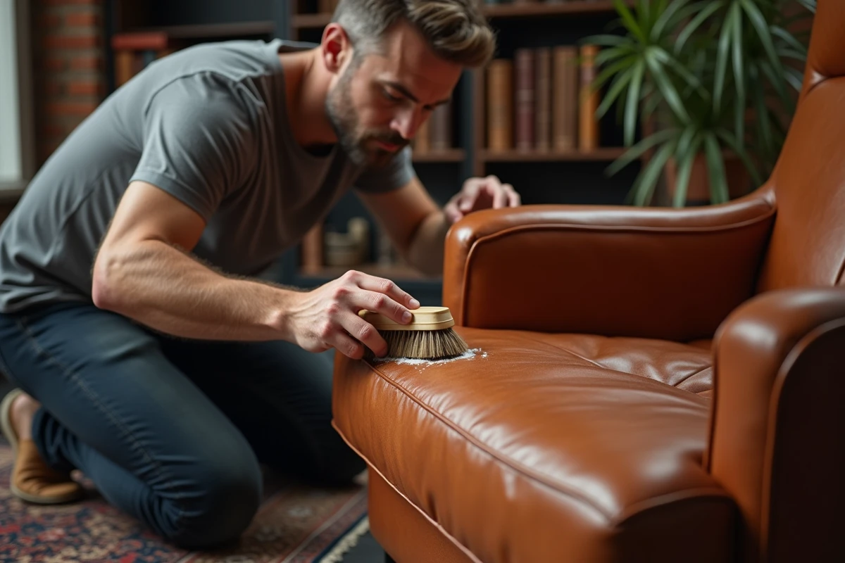 Homme appliquant un nettoyant cuir sur un fauteuil en cuir aniline cognac avec une brosse douce