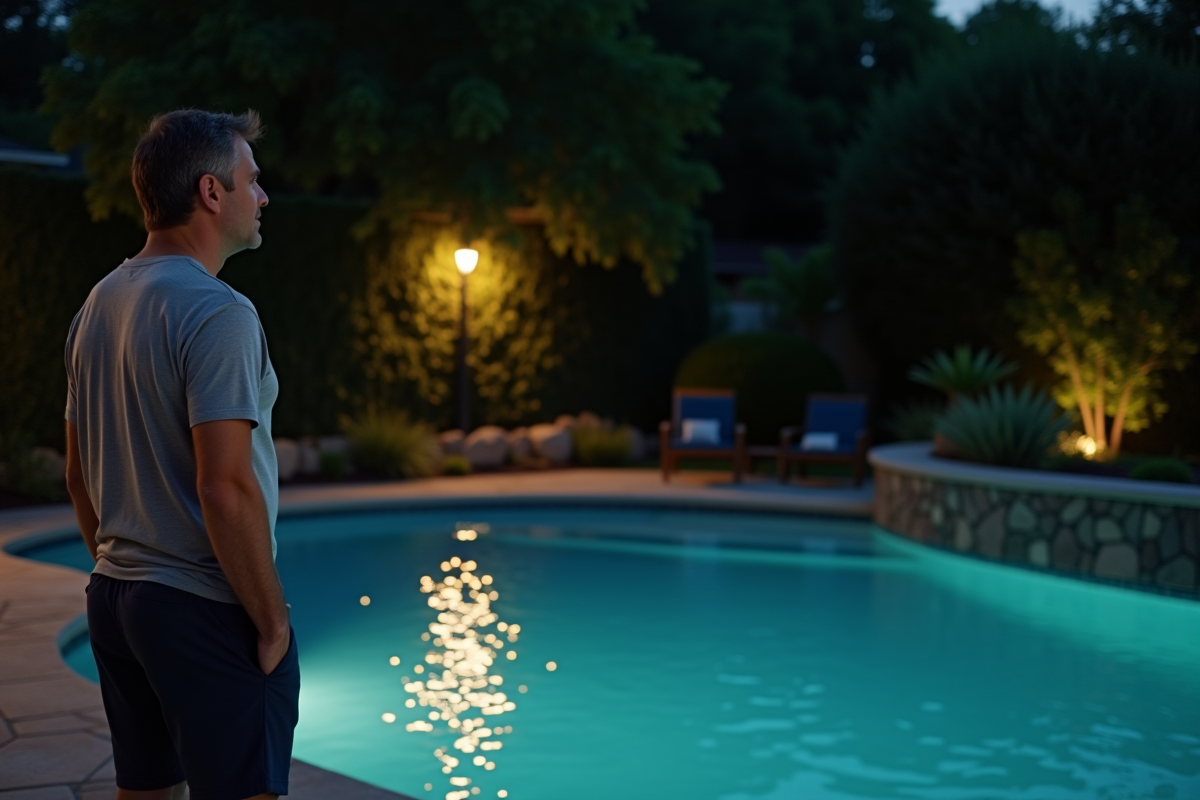 Homme regardant la piscine de nuit en maillot navy