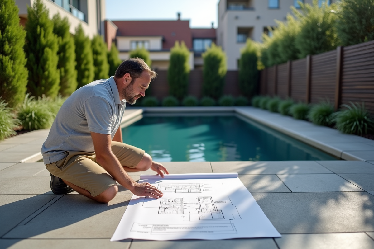 Homme regardant un plan de piscine dans un patio moderne