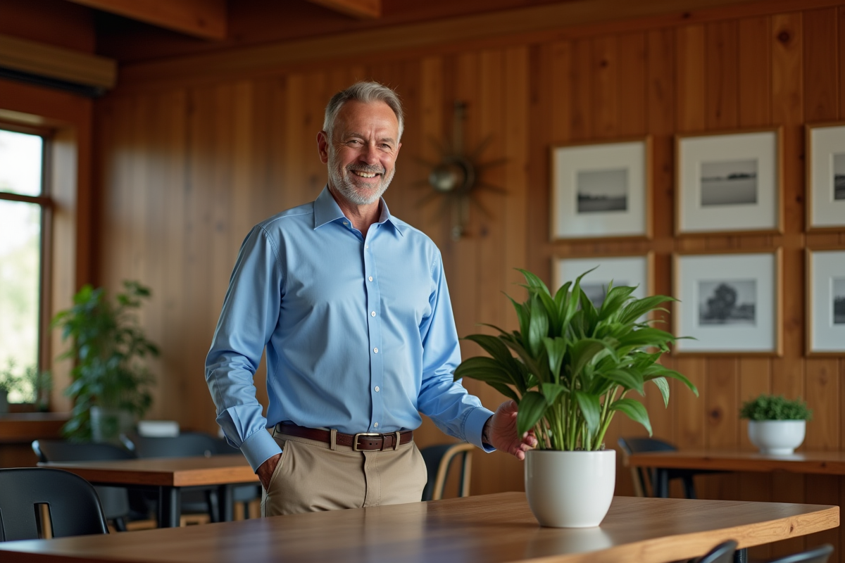 Homme ajustant une plante dans une salle à manger accueillante