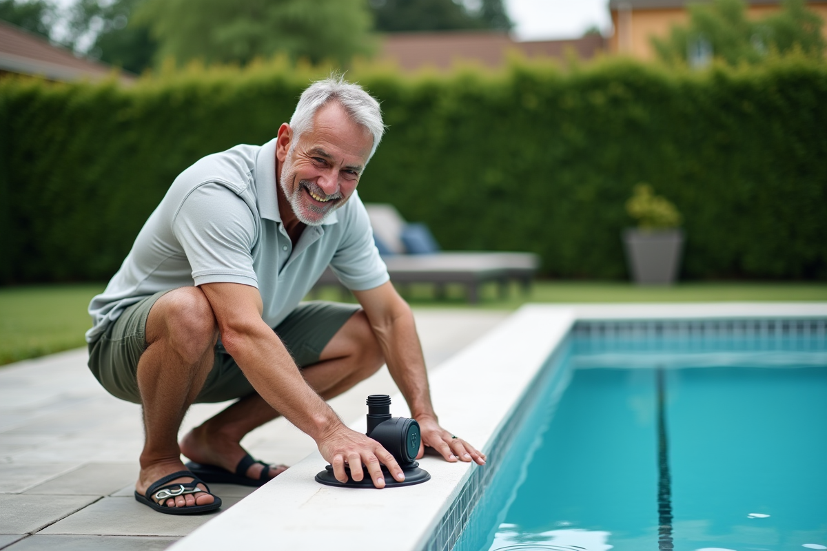 Homme d'âge moyen appuyant sur la pompe de piscine extérieure