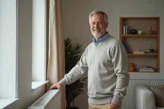 Homme d'âge moyen près d'un radiateur moderne dans un salon