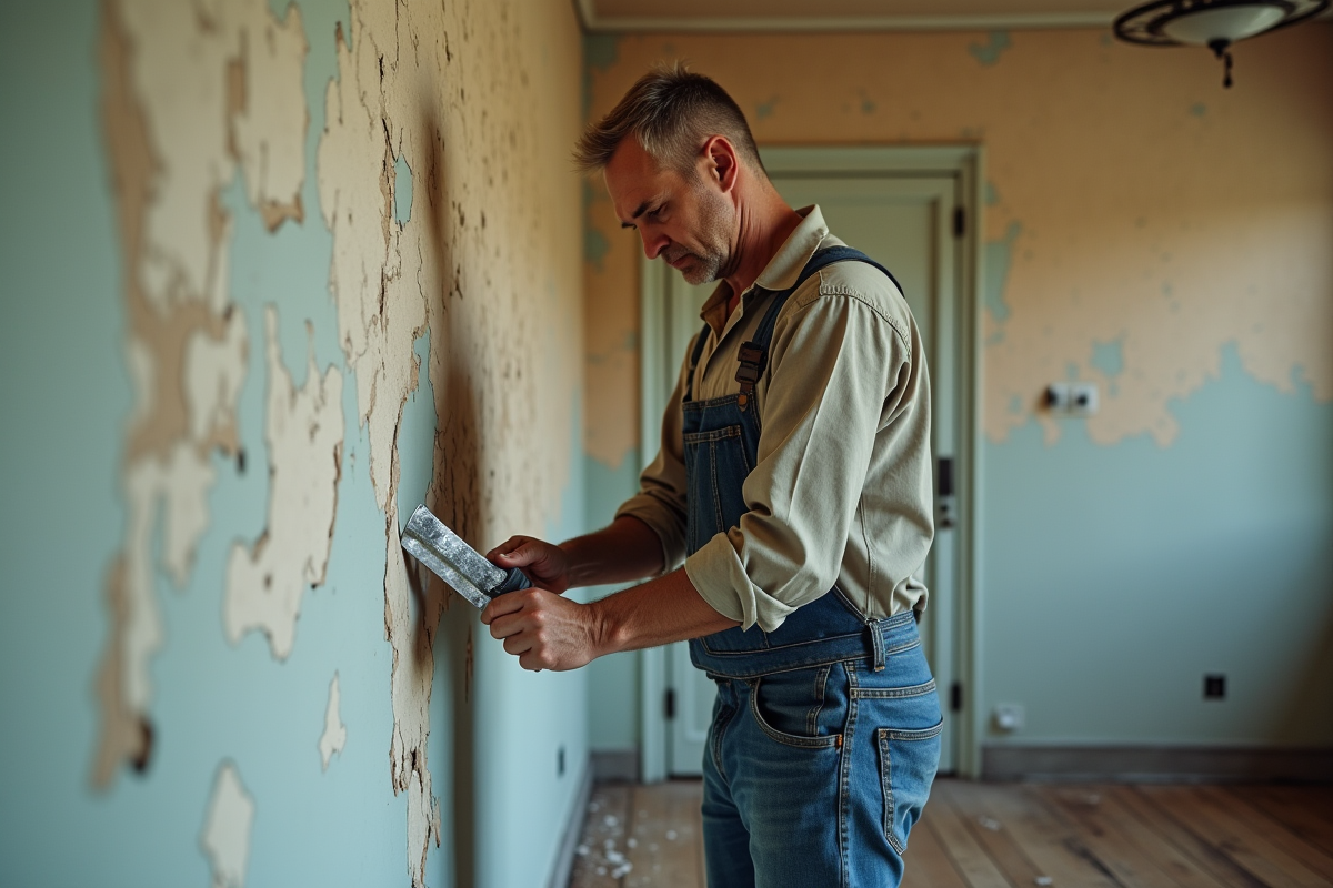 Homme concentré en train de gratter la peinture ancienne sur un mur