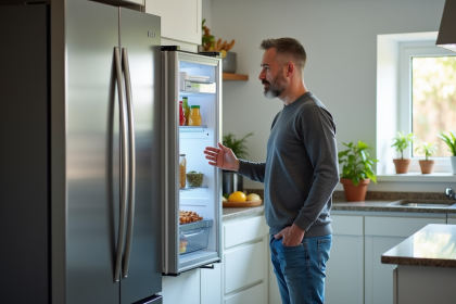 Homme regardant l'étiquette énergétique d'un réfrigérateur moderne