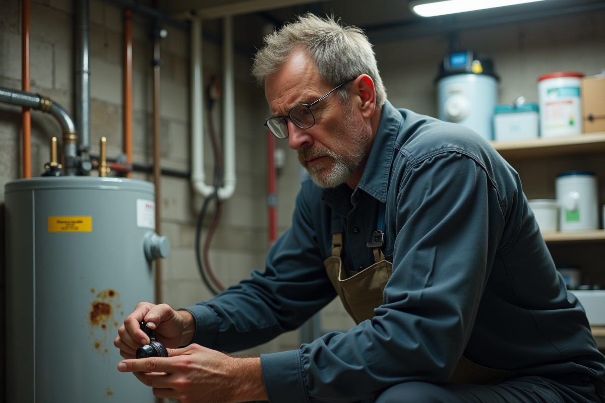 Homme en tenue de travail examine un chauffe-eau ancien dans une cave