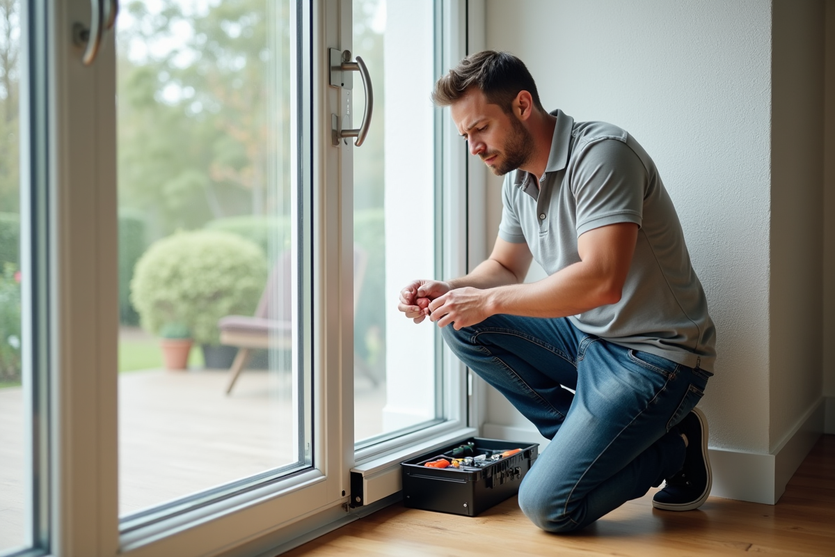 Homme d'âge moyen inspectant un volet roulant endommagé intérieur