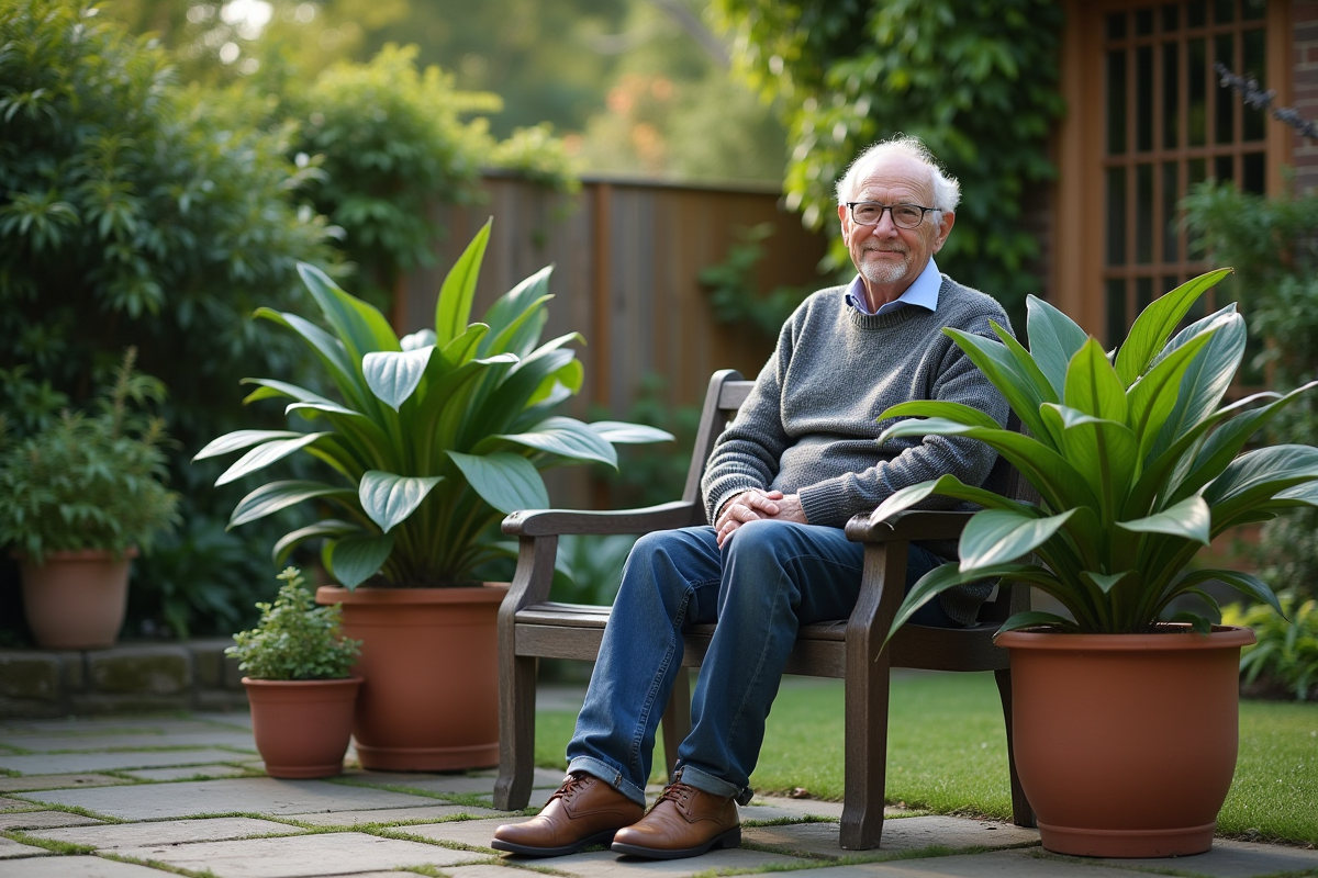 Homme âgé assis près d’une plante dans le jardin
