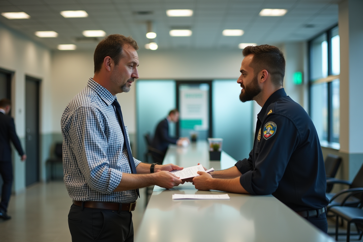 Homme remettant des formulaires au guichet en mairie