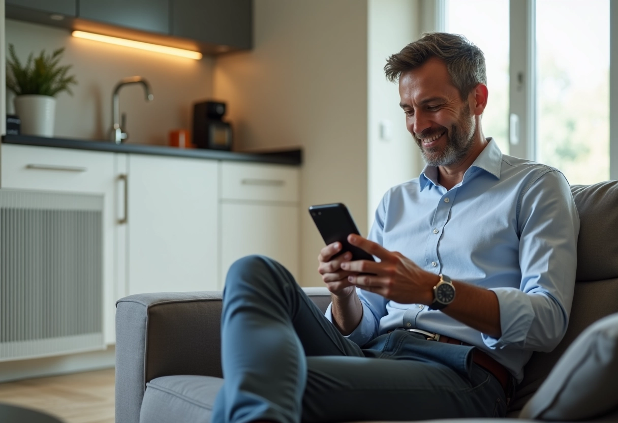 Homme utilisant une application de domotique sur smartphone