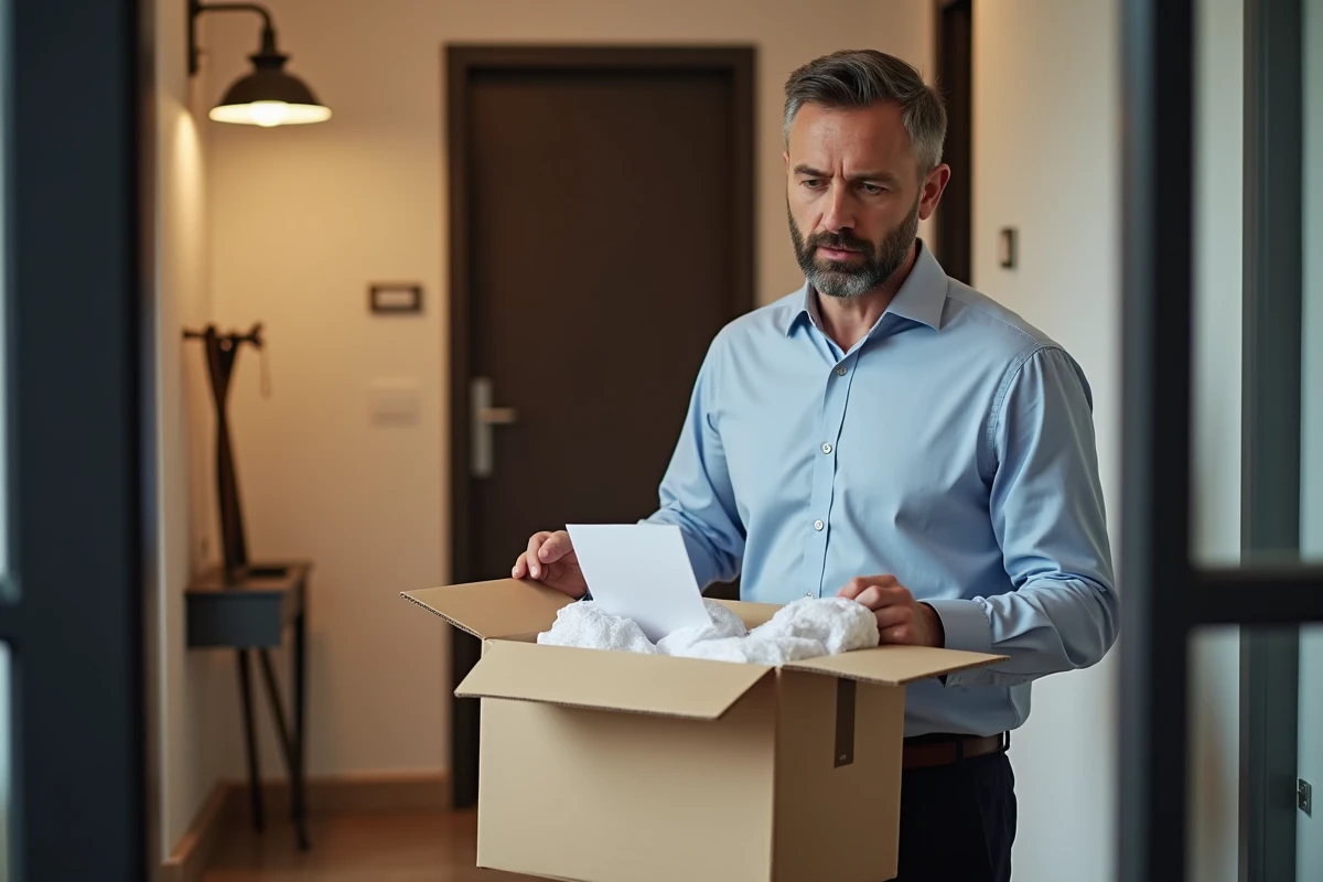 Homme inspectant un colis dans une entrée moderne