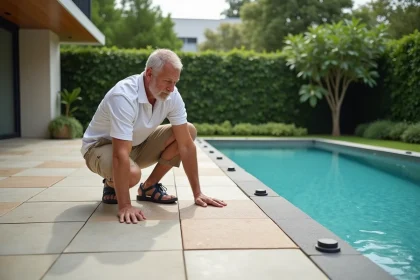 Homme v&eacute;rifiant des dalles antid&eacute;rapantes autour de la piscine