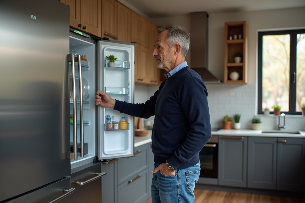 Homme vérifiant l'étiquette énergie d'un réfrigérateur moderne