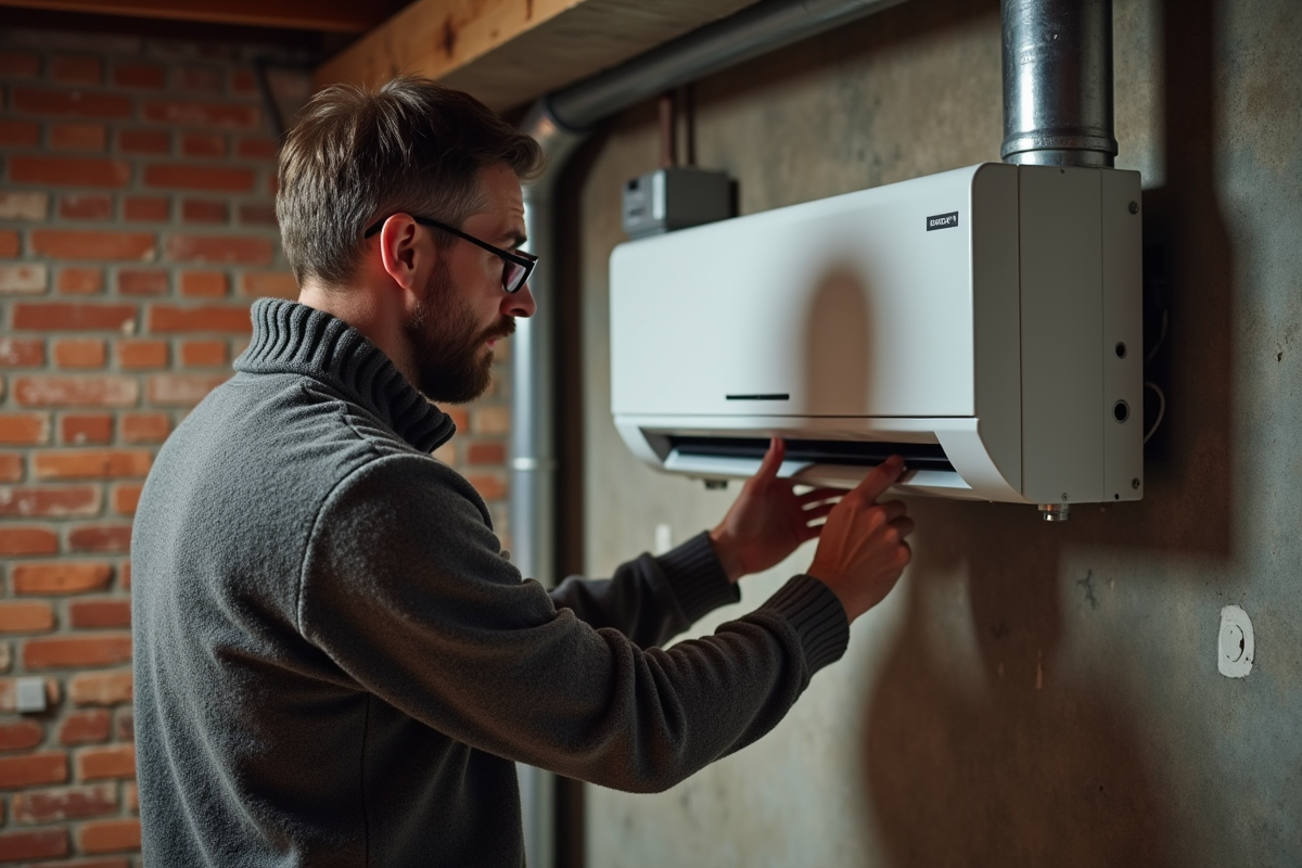 Homme d'âge moyen inspectant un échangeur d'air dans un sous-sol canadien