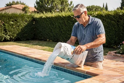 Homme versant un sac de sel dans une piscine lors de la transition du chlore au sel