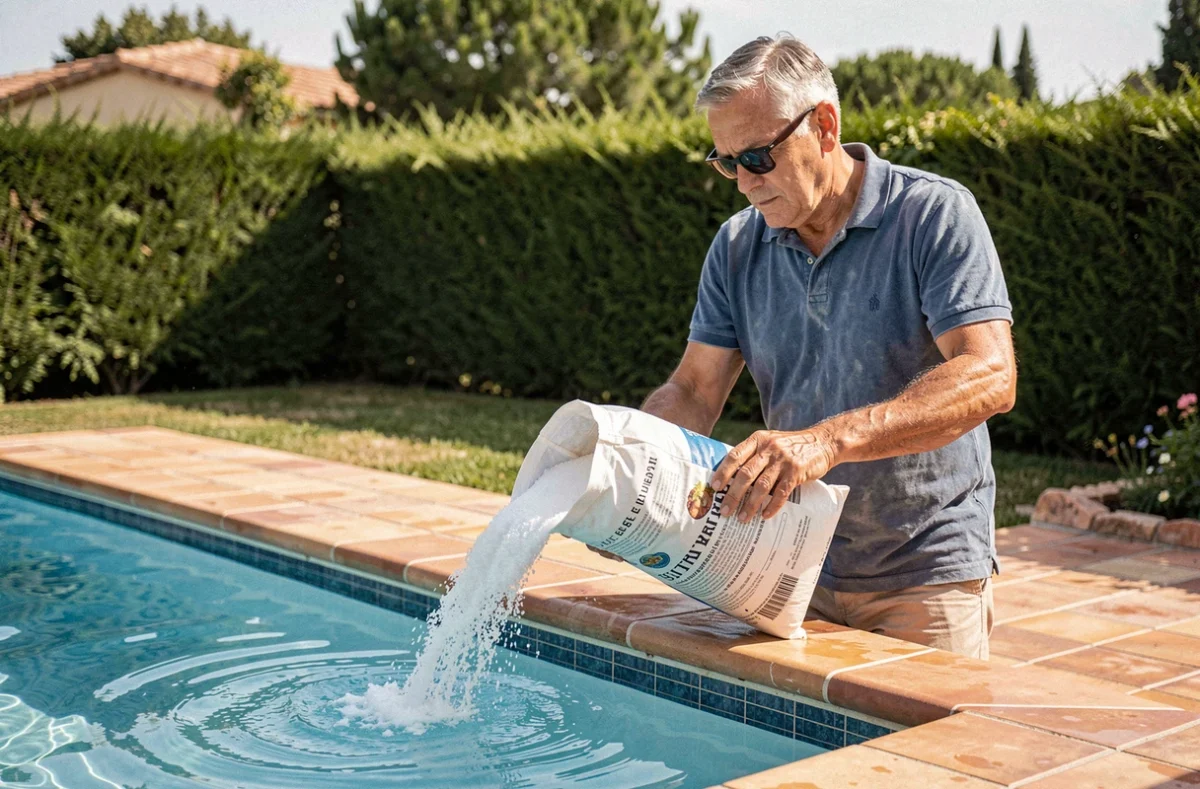 Homme versant un sac de sel dans une piscine lors de la transition du chlore au sel