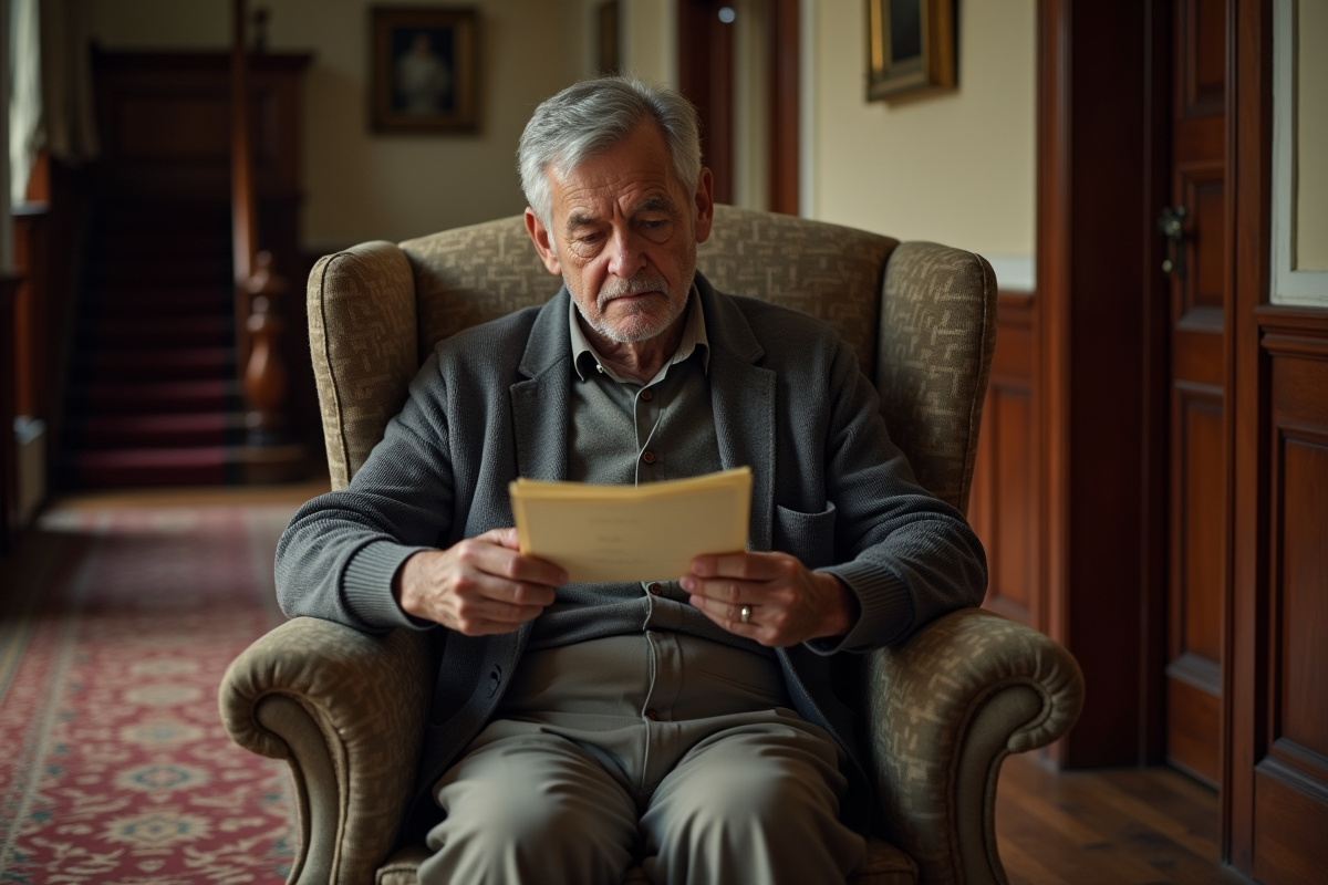 Homme âgé lisant une note dans un couloir ancien et élégant