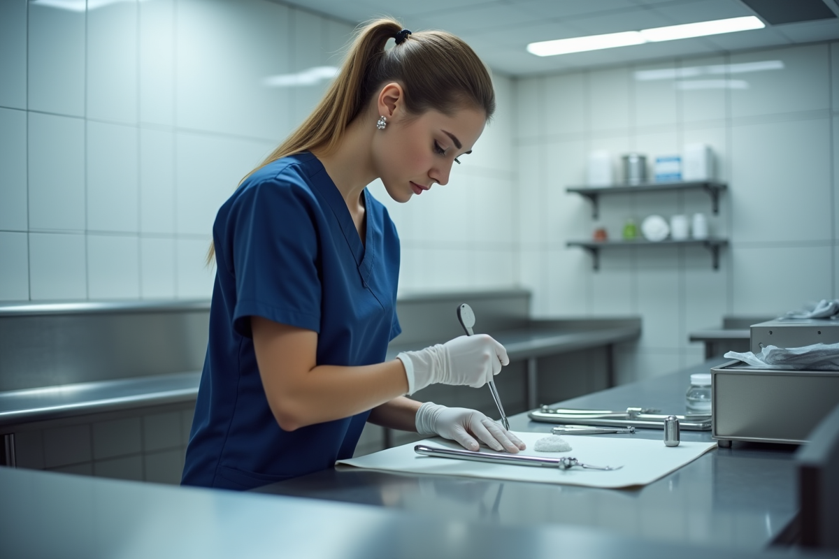 Infirmière en blouse bleue désinfectant des instruments médicaux