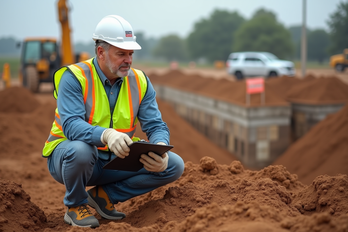 Ingénieur sol homme en extérieur sur site de construction