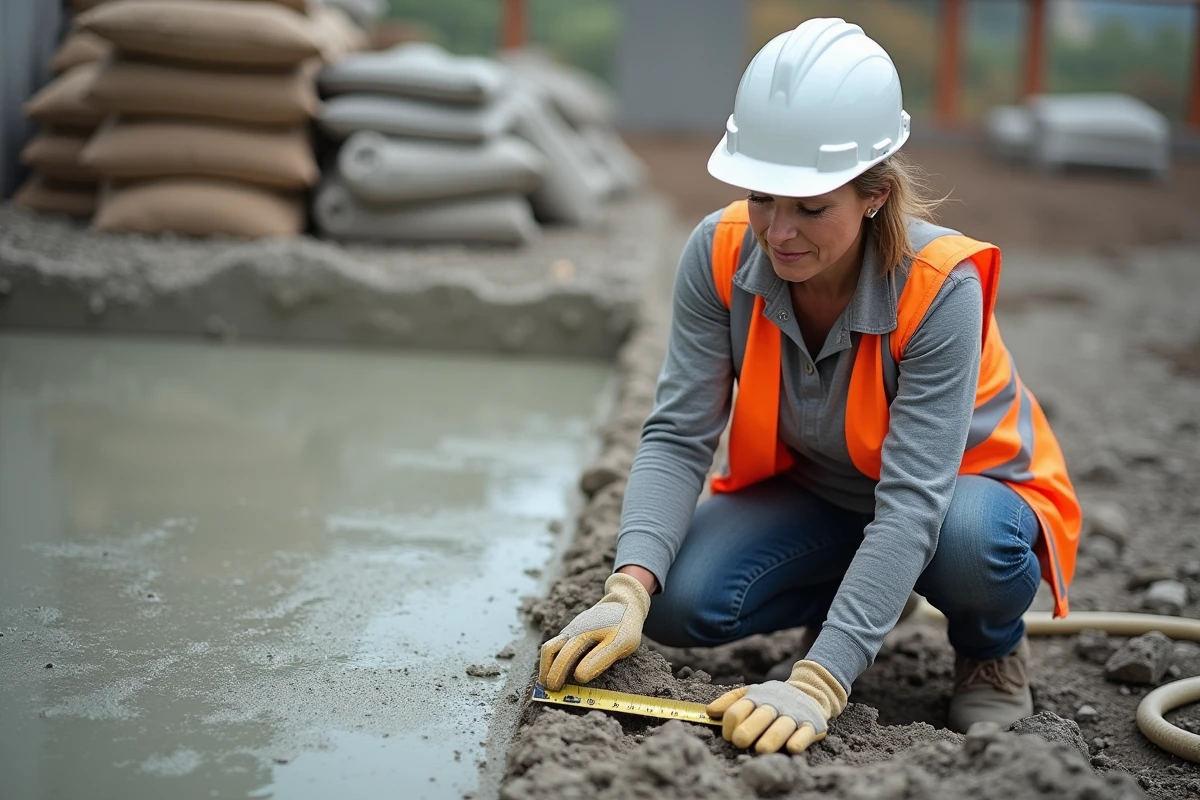 Ingénieure inspectant une dalle en béton dosé 350 kg après ajout de la quantité d'eau idéale sur chantier