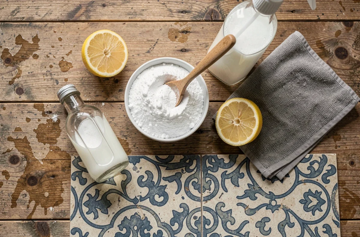 Ingrédients naturels pour nettoyer le lino : vinaigre blanc, bicarbonate et citron sur un plan de travail en bois