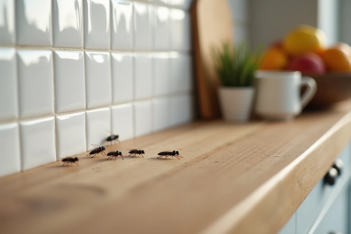 Insectes noirs sur le plan de travail de cuisine