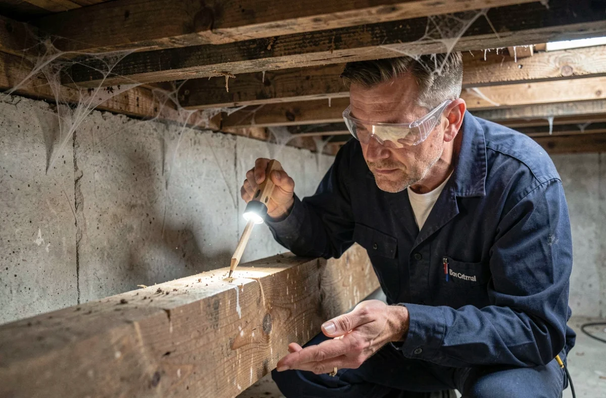 Expert en traitement du bois inspectant une poutre de plancher dans un vide sanitaire pour détecter des traces d'infestation par le capricorne