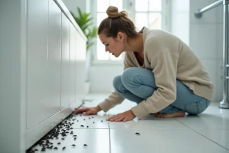Femme inspectant des insectes noirs dans la salle de bain