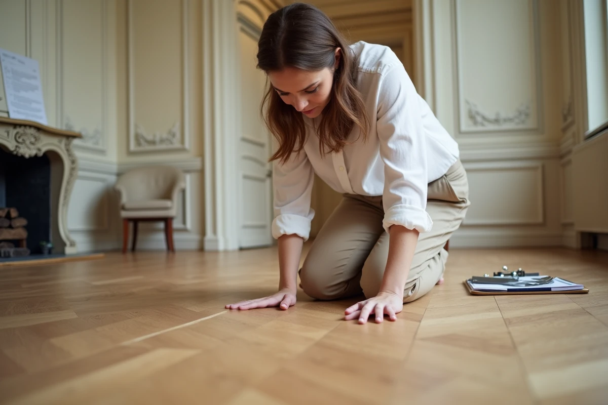 Femme inspectant un parquet ancien pour identifier la source d'un grincement avant mise en vente