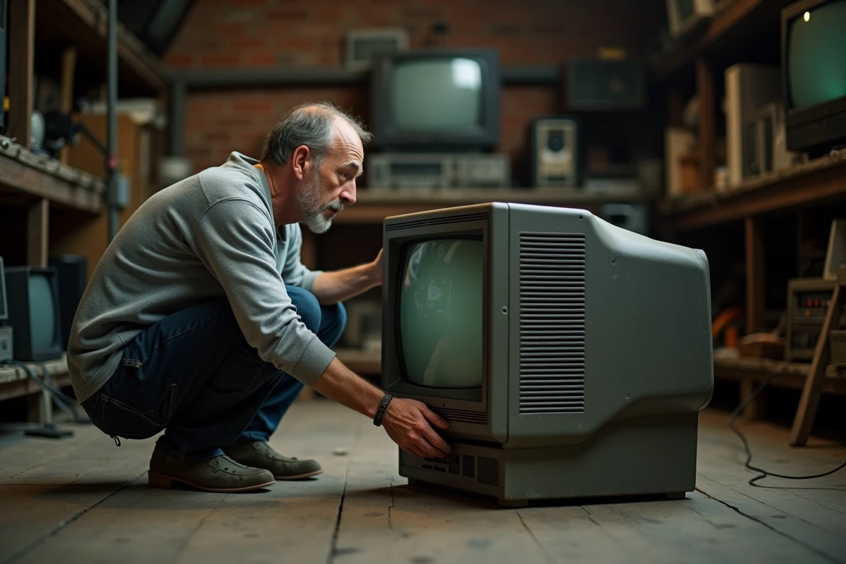 Homme inspectant l'arrière d'un téléviseur CRT vintage dans un atelier, vérifiant les connecteurs avant achat