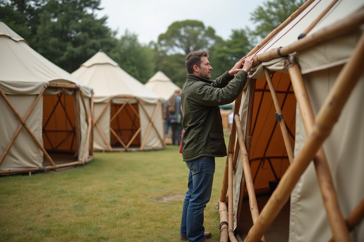 Homme inspectant la structure en bois d'une yourte lors d'une exposition ou foire de vente en plein air