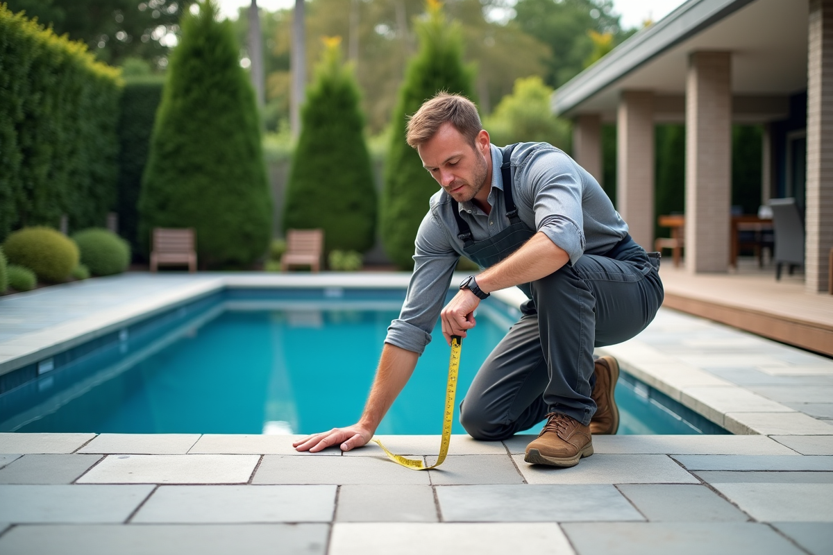 Installateur mesurant la piscine dans le jardin