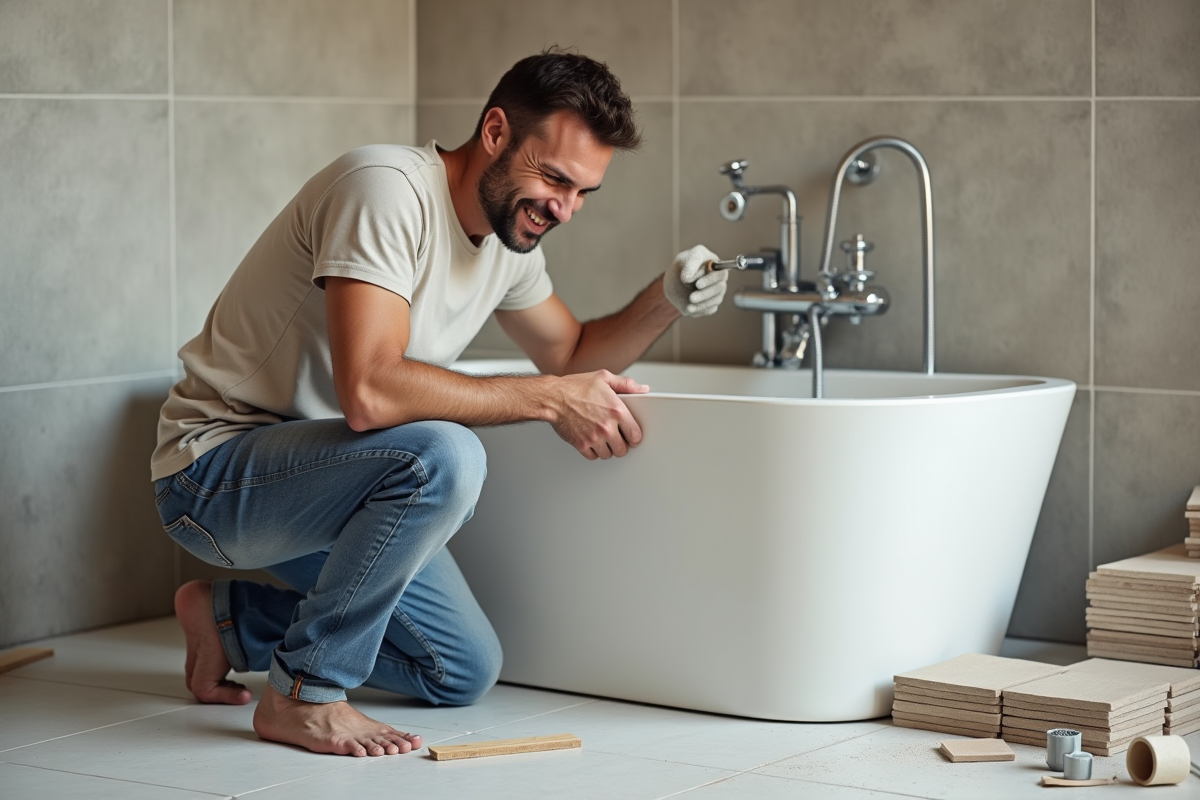 Homme moyenâge en jeans installe une baignoire blanche dans une salle de bain en rénovation