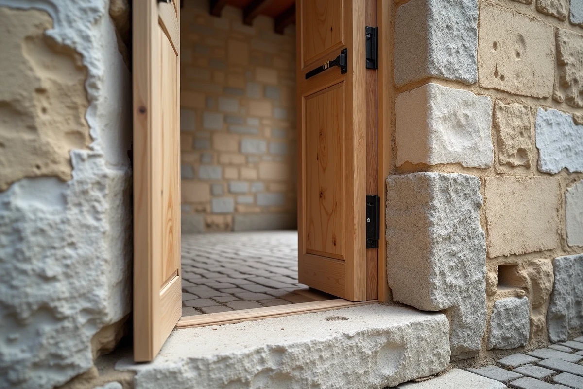 Pose d'un cadre de porte neuf avec cales et mousse expansive dans une ouverture en pierre non droite d'un bâtiment ancien