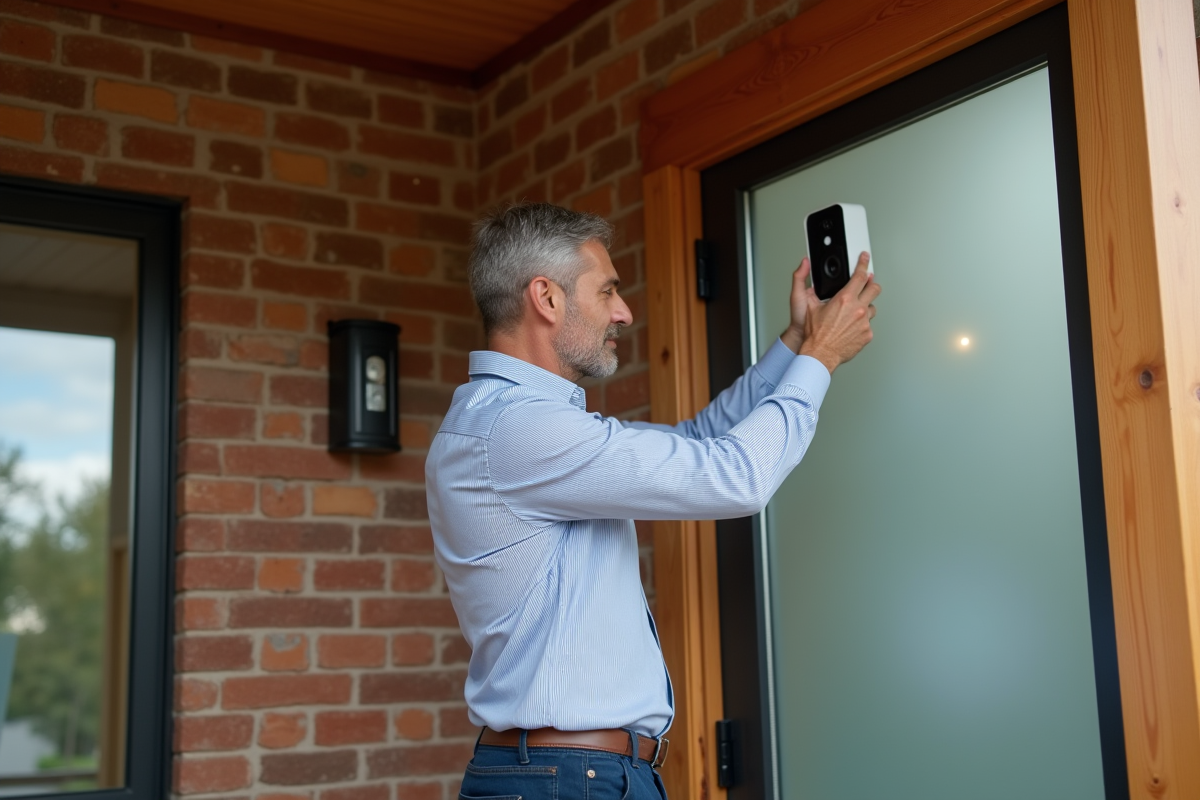 Homme d'âge moyen installant une caméra de sécurité devant une maison