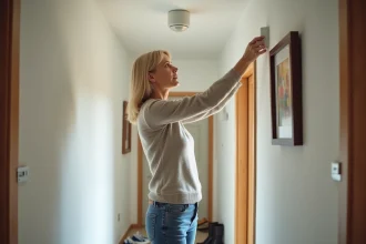Femme installant un détecteur de fumée dans un couloir