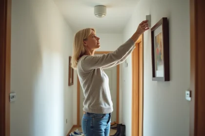 Femme installant un détecteur de fumée dans un couloir