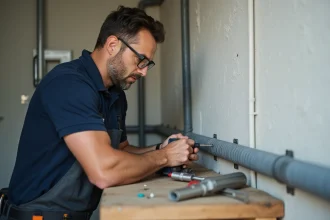 Électricien installant une gaine de protection pour câble électrique sur un mur en béton dans une chaufferie résidentielle