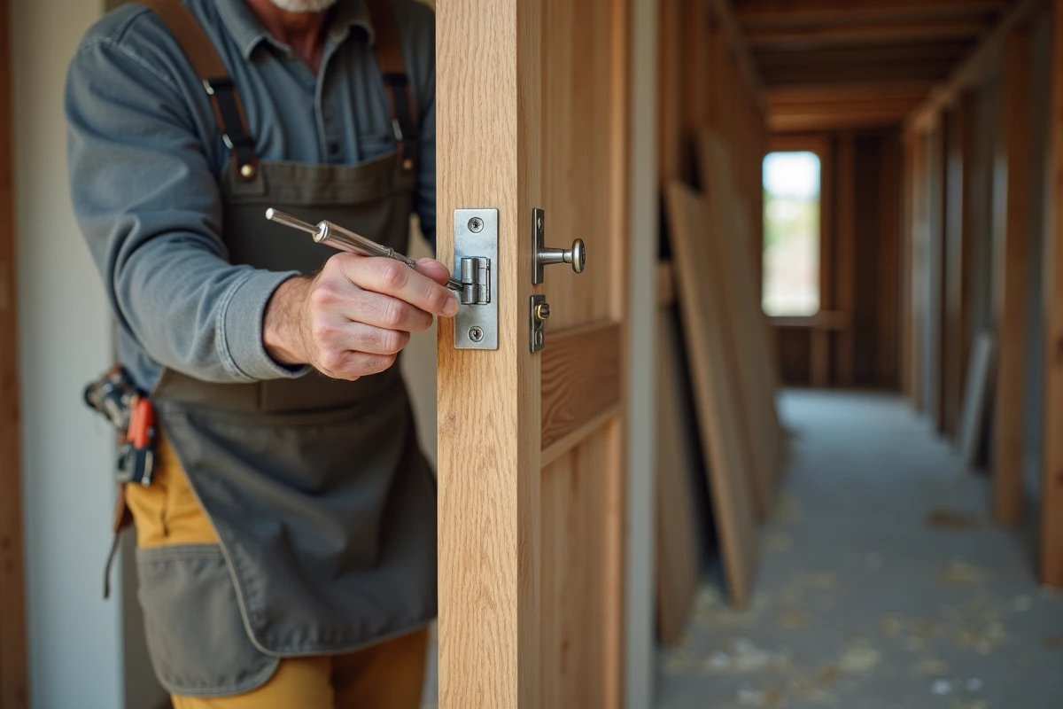 Menuisier installant un gond en nickel satiné sur un dormant de porte intérieure en chêne